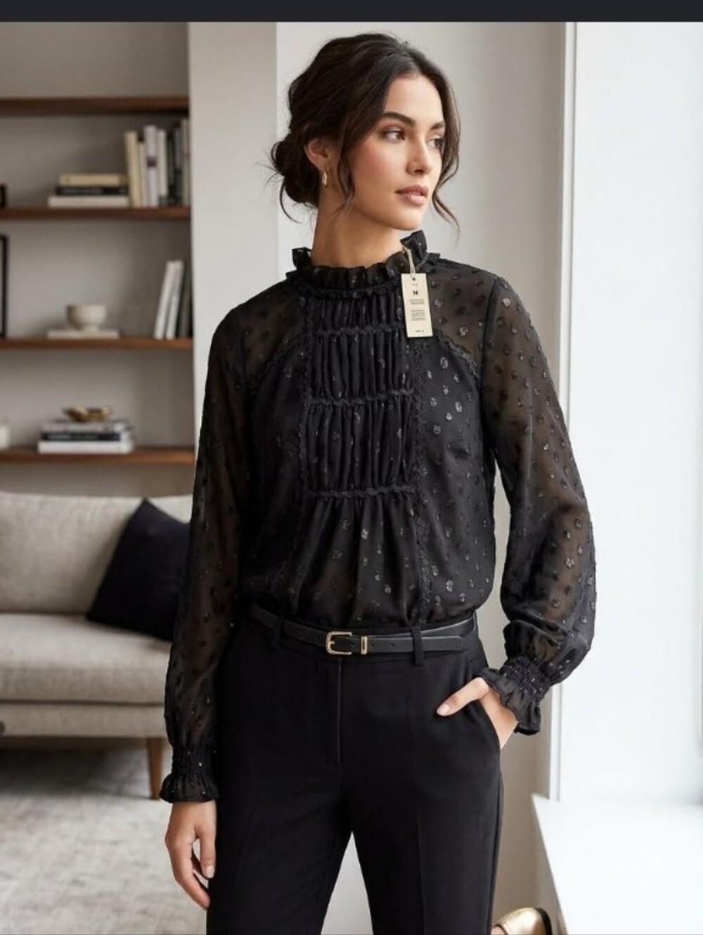 Max Studio - Black Sheer Metallic Polka Dot Long Sleeve Blouse